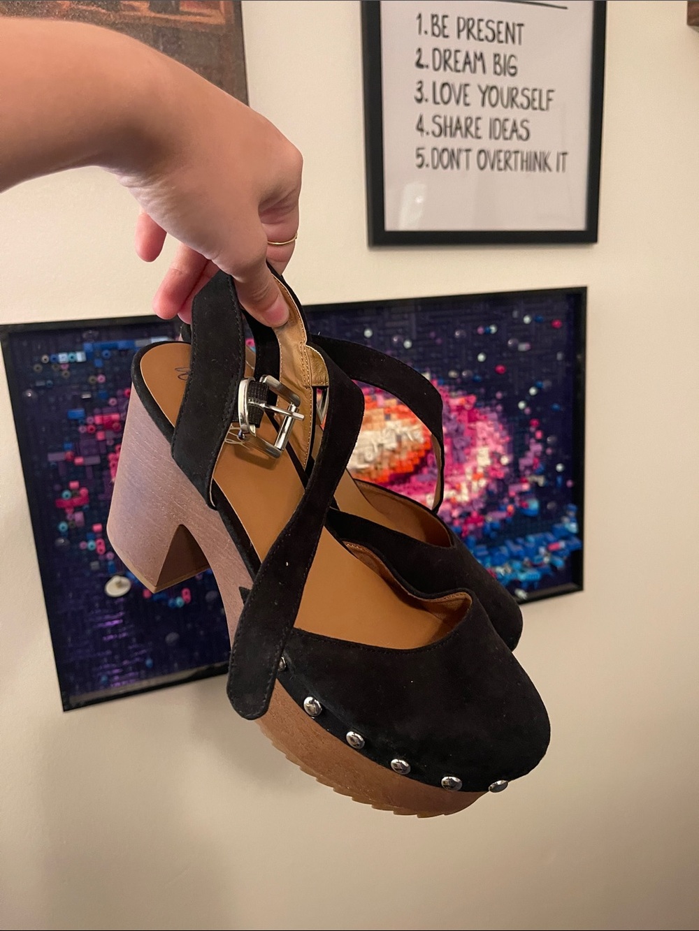 Wonderly Black Suede Platform Clog Heels with Wood-Tone Block Heel